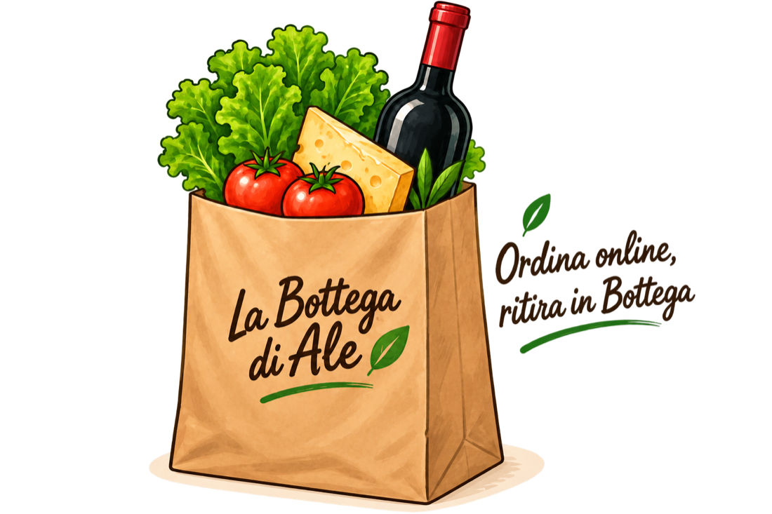 Borsa della spesa della Bottega di Ale con verdura, formaggio e vino