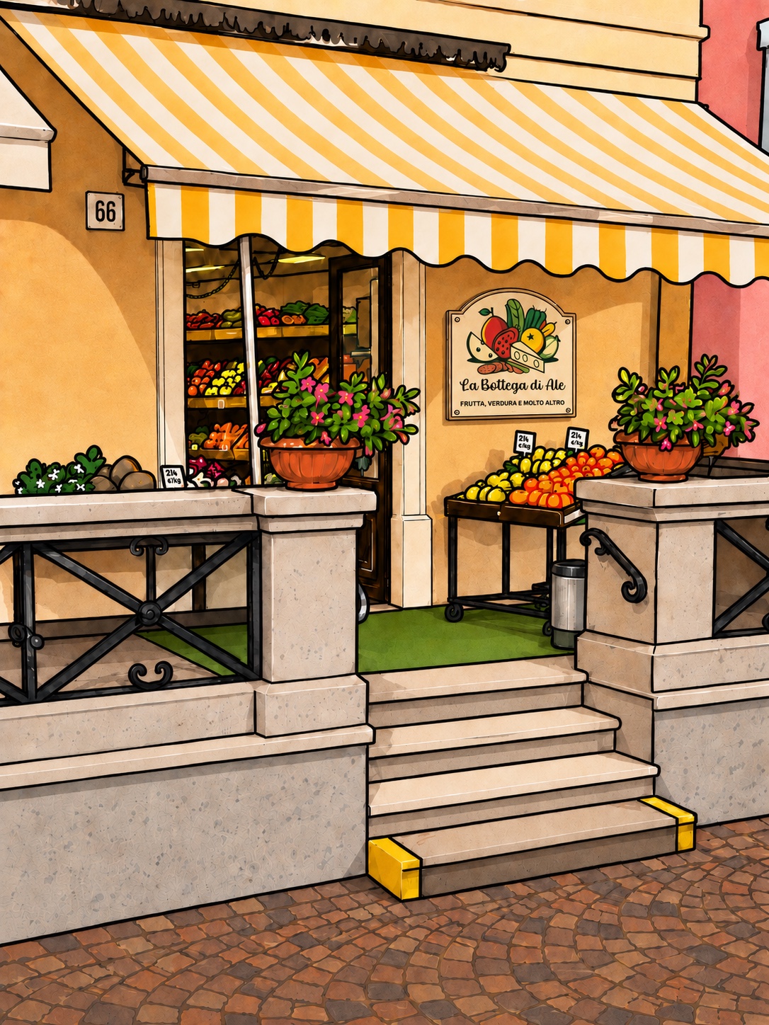 Ingresso illustrato della Bottega di Ale in Via Roma 66, con frutta e verdura esposte